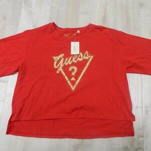 Guess Los Angeles Crop Graphic Tee Shirt Red and Gold Graphic and Jewels Size XL